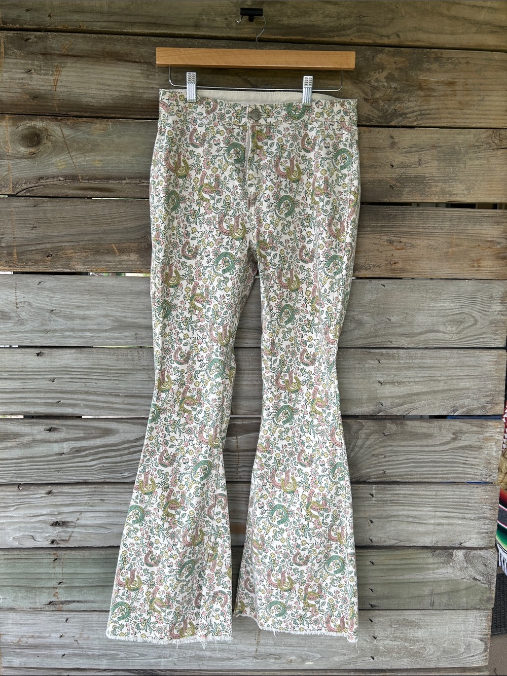Rock & Roll Denim Reversible High-Rise Flare Jeans in Green & Cream - Wide Leg